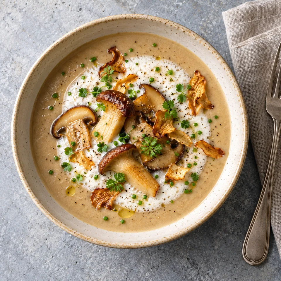 Cappuccino de champignons aux cèpes : velouté beige dans un bol crème, nappé de mousse blanche et ciboulette verte.