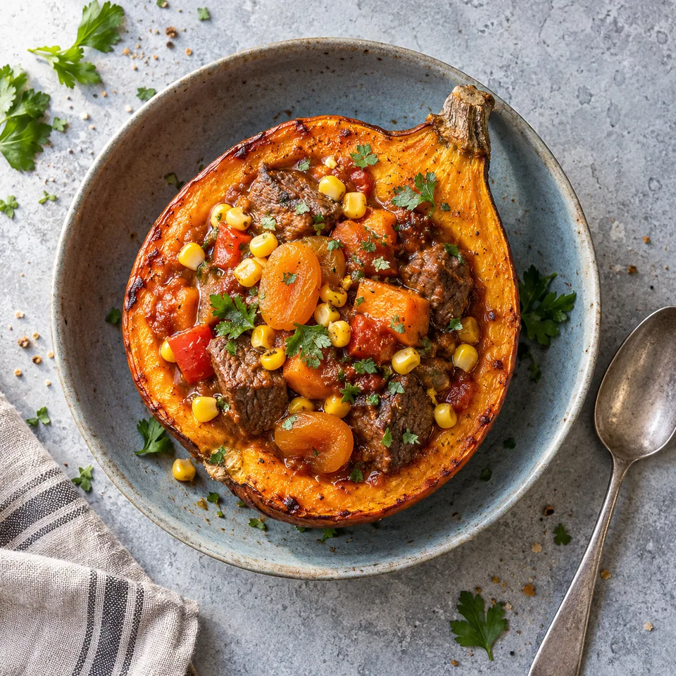 Carbonada criolla servie dans une courge rôtie, avec bœuf, patate douce, poivron et abricots secs.