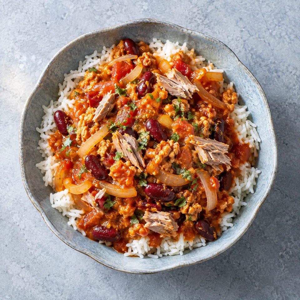 Cari de soja à la tomate, riz et éclats de thon servi dans un bol bleu-gris, avec riz, haricots rouges et thon.