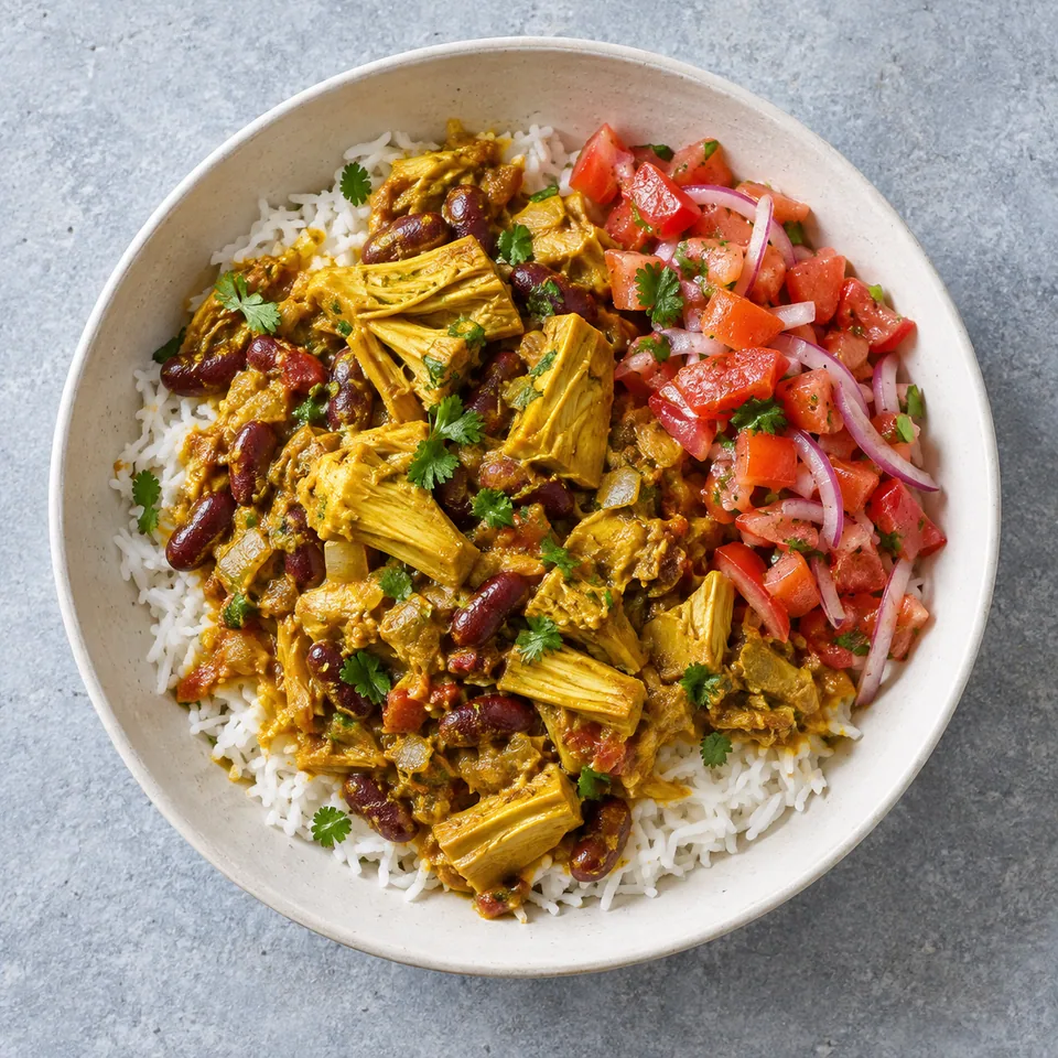 Bol de cari ti-jacques au riz et rougail : riz blanc, haricots rouges, jacquier et salsa tomate fraîche.