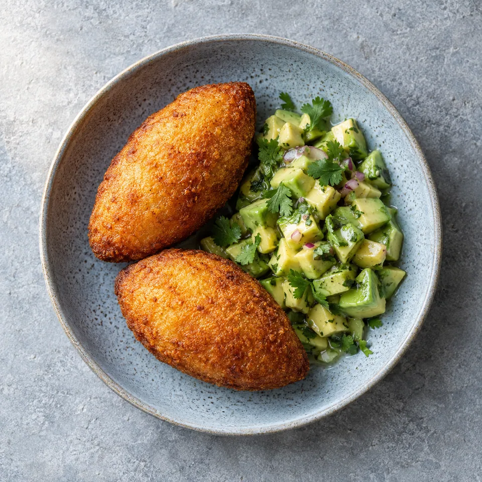 Carimañolas de manioc au bœuf : deux chaussons frits dorés servis avec une salsa d'avocat verte et fraîche sur une assiette bleue.