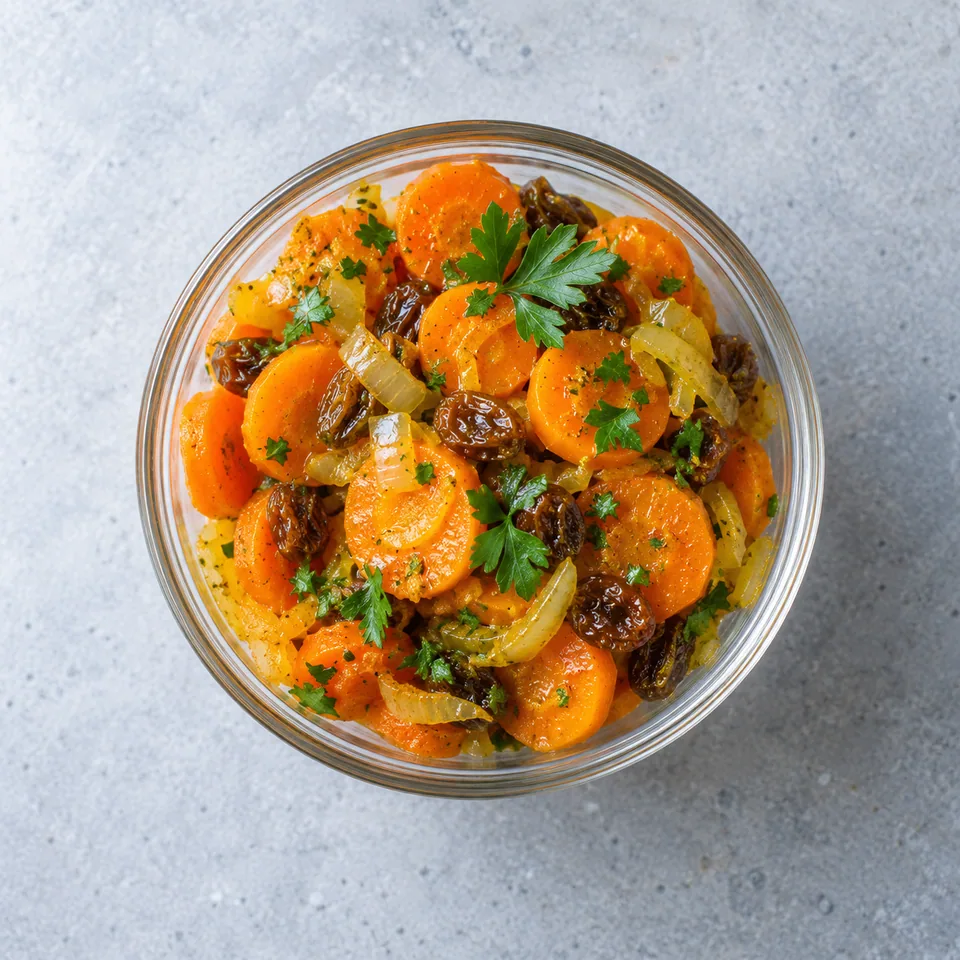 Carottes à l’orientale en verrine : rondelles de carotte orange, raisins secs et persil vert.