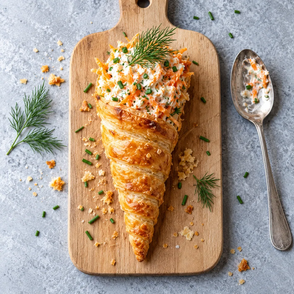 Carottes feuilletées de Pâques au fromage frais : un cornet doré garni de fromage frais et carottes râpées sur une planche en bois.