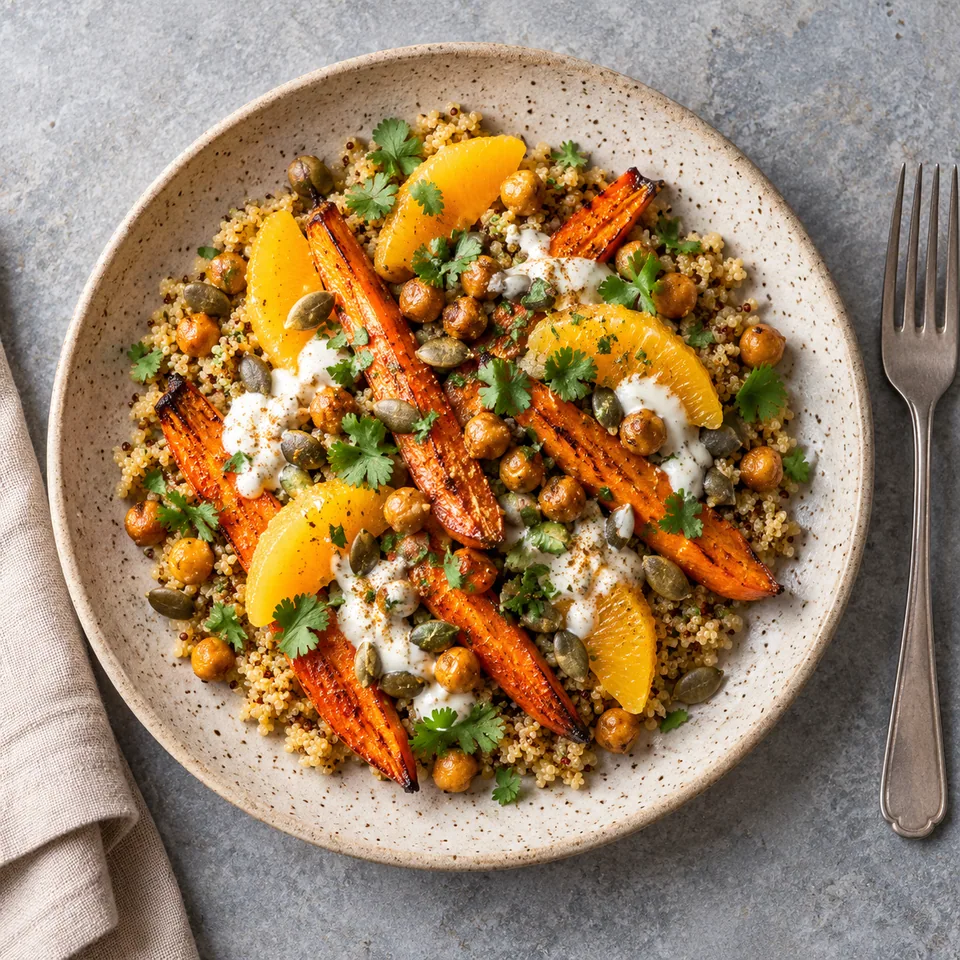 Assiette de carottes rôties, oranges, pois chiches et quinoa au cumin, garnie de graines et coriandre.