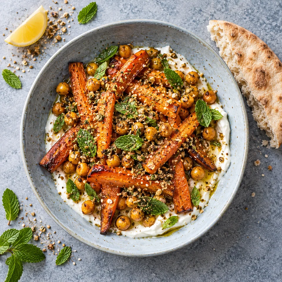 Carottes rôties, pois chiches et labneh sur assiette grise, garnis de menthe et dukkah