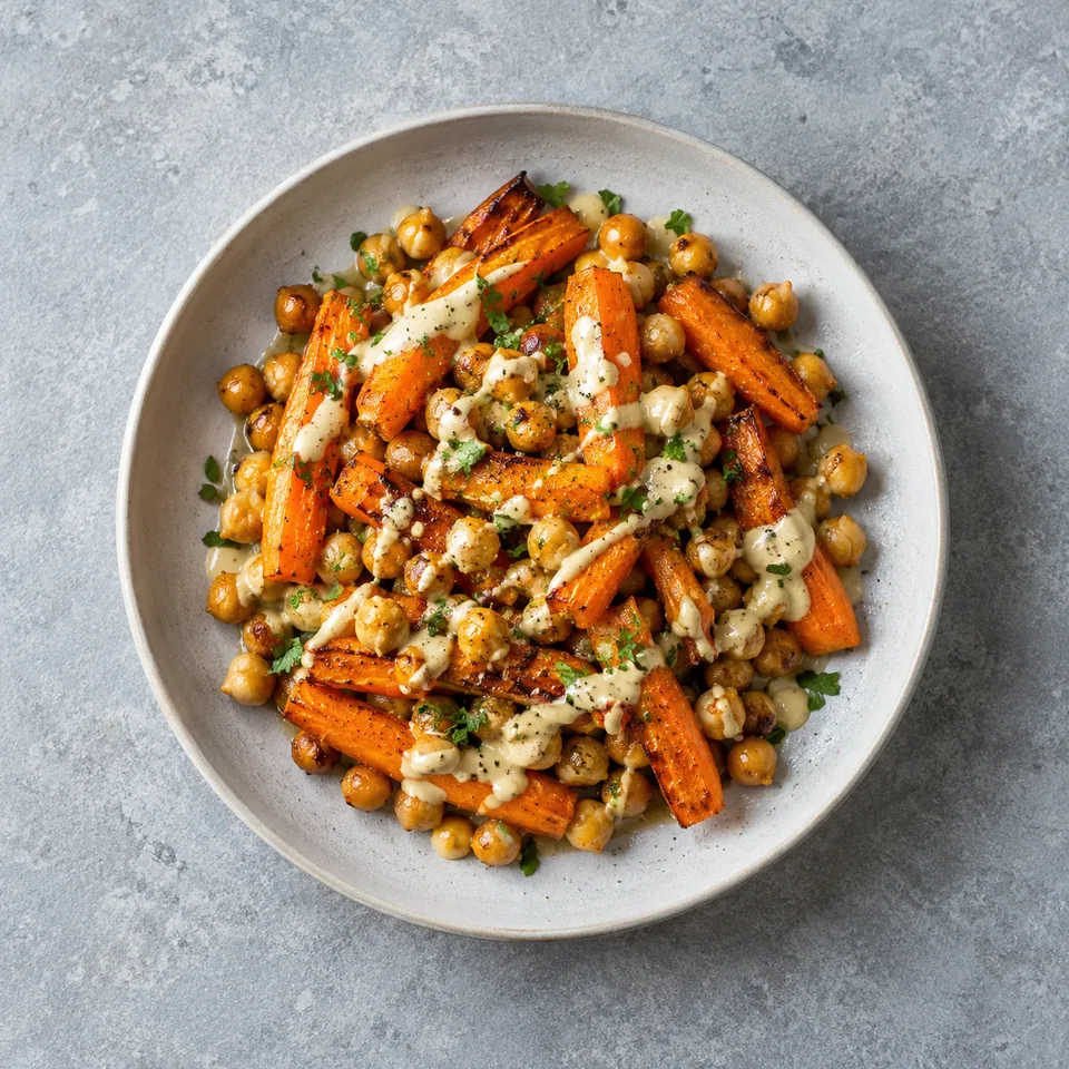 Carottes rôties, pois chiches et tahini : bâtonnets orange et pois chiches dorés, nappés de sauce beige clair.