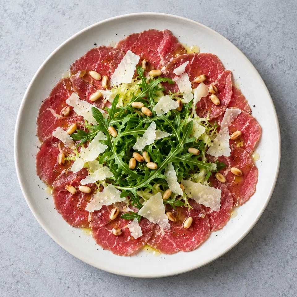 Carpaccio de bœuf au pecorino : tranches de bœuf, roquette, salade, pecorino et pignons de pin sur une assiette.