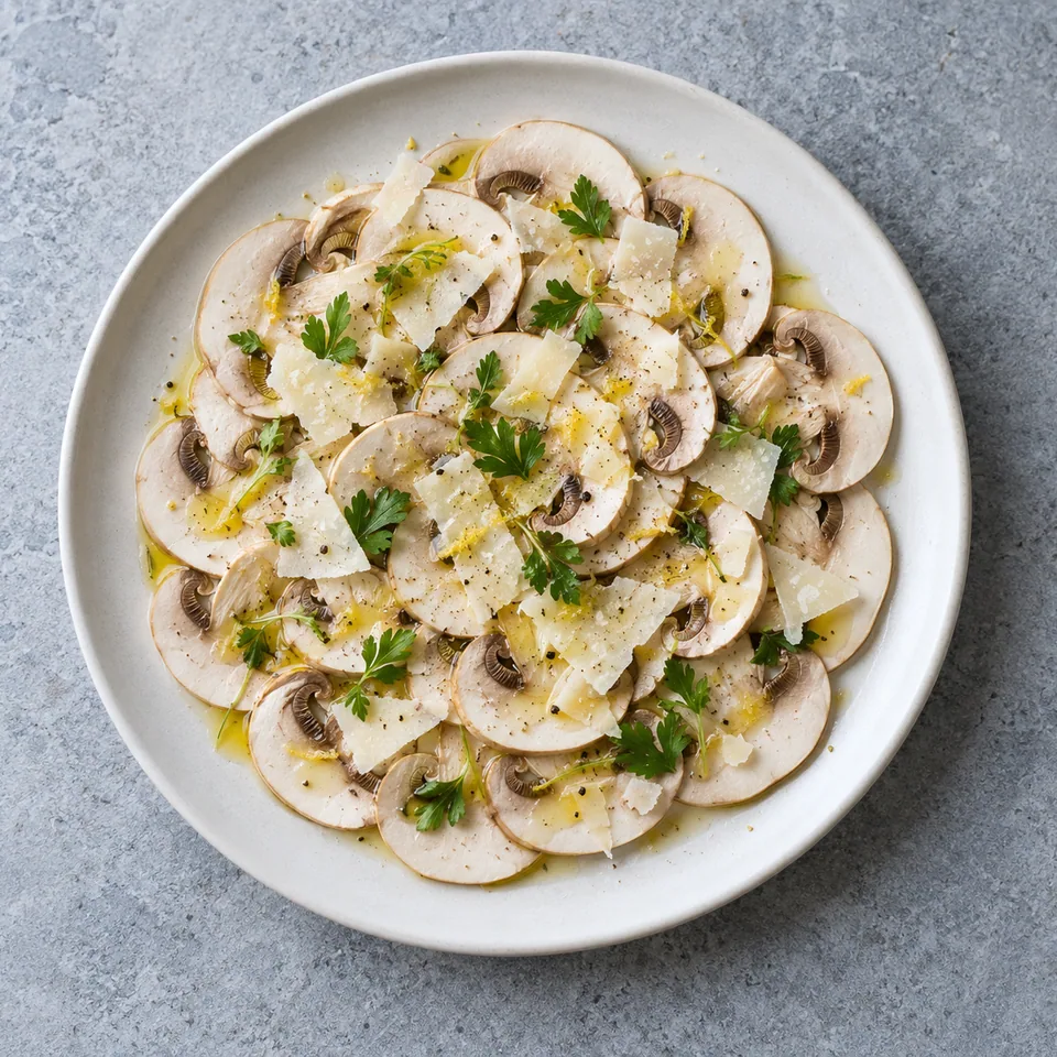 Carpaccio de champignons : fines lamelles de champignons et copeaux de parmesan végétarien sur assiette blanche.