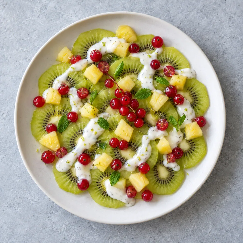 Carpaccio de kiwis aux fruits rouges : tranches de kiwi, dés d'ananas, groseilles et filet de yaourt vanille sur assiette.