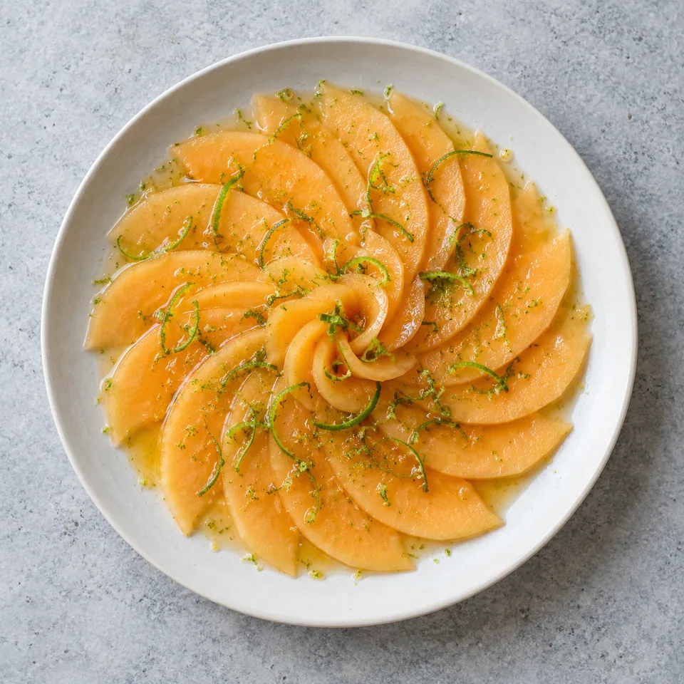 Carpaccio de melon au citron vert : tranches fines en rosace nappées de sauce et zeste vert.