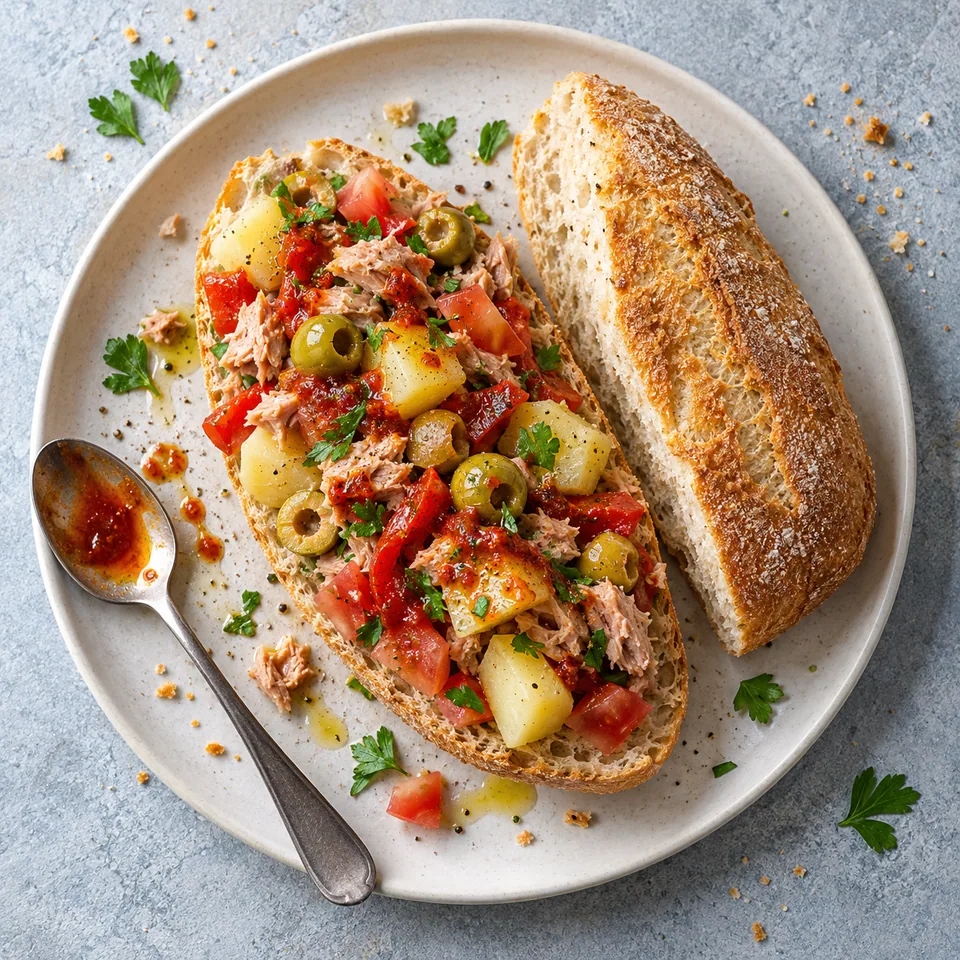 Casse-croûte tunisien au thon et harissa douce : pain sans gluten garni d'une salade de thon, pommes de terre, tomates, poivron et olives vertes, servi sur une assiette blanche.