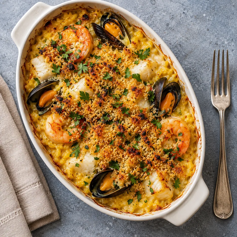 Cassolettes de la mer au safran : riz, poisson et fruits de mer gratinés dans un plat blanc.