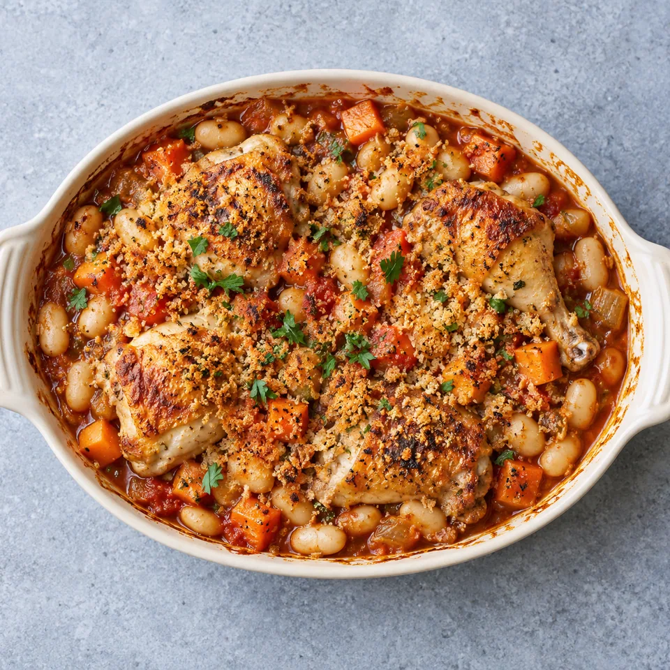 Cassoulet express au poulet et haricots blancs dans un plat ovale, avec croûte dorée, morceaux de poulet et légumes visibles.