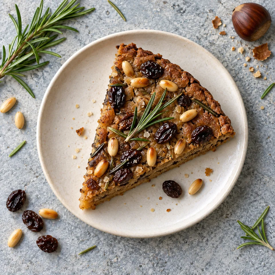 Part de Castagnaccio sur assiette blanche, garnie de pignons et raisins secs.