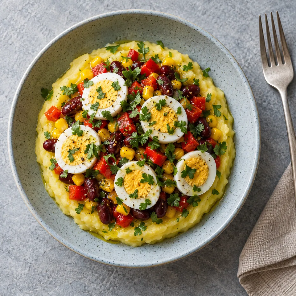 Causa péruvienne : purée de pommes de terre garnie de haricots rouges, maïs, poivron, œufs durs et coriandre.