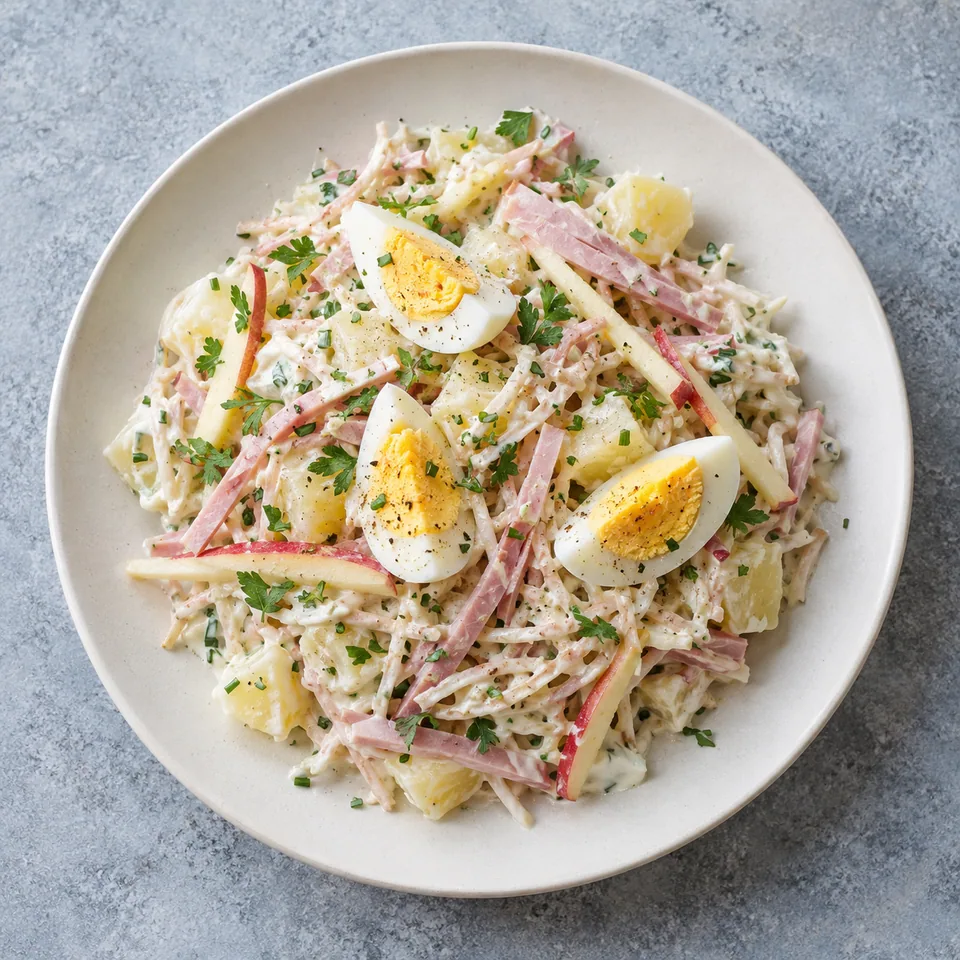 Assiette de céleri rémoulade au yaourt avec dés de pomme de terre, lanières de jambon, bâtonnets de pomme et quartiers d'œuf dur.