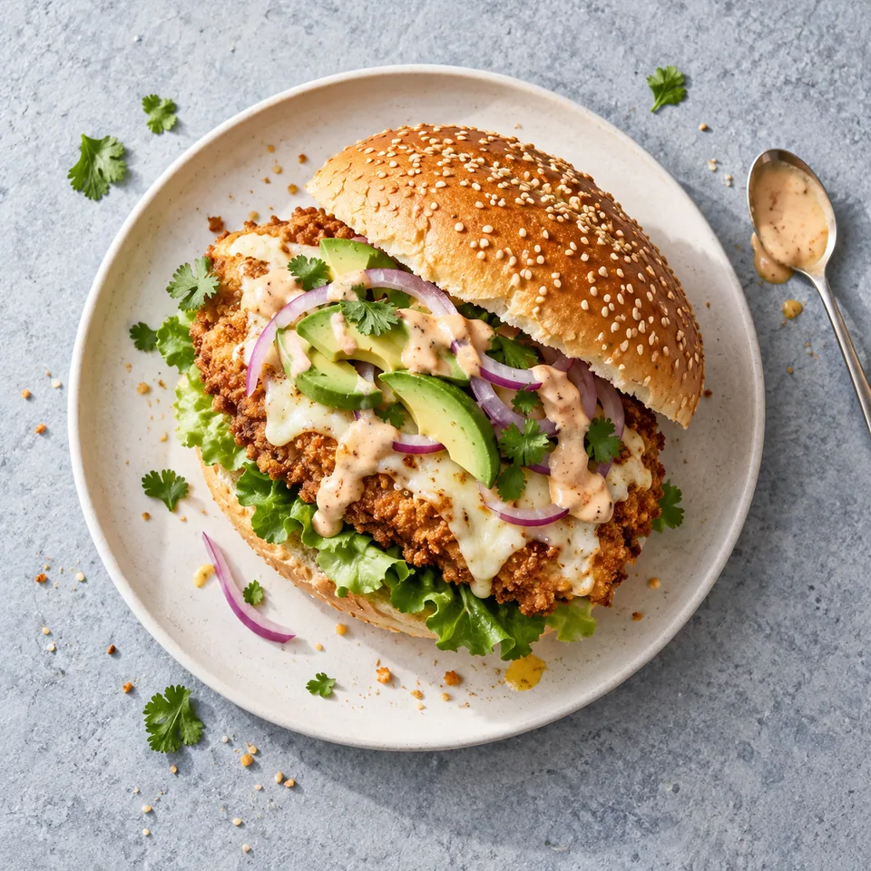 Cemita poblana au poulet croustillant sur assiette blanche : pain sésame, poulet doré, avocat, oignon rouge et sauce.