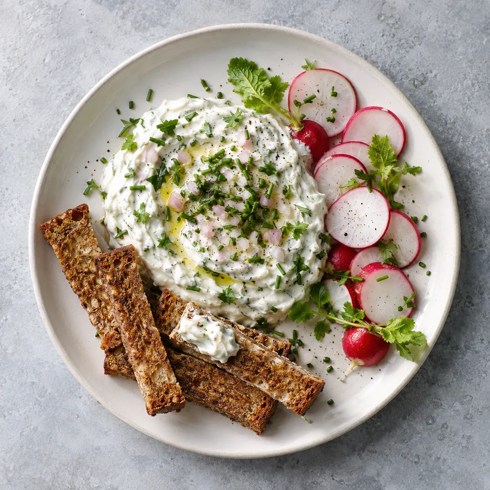Cervelle de canut au fromage blanc et radis : crème blanche aux herbes, radis rouges et mouillettes de pain de seigle sur assiette blanche.