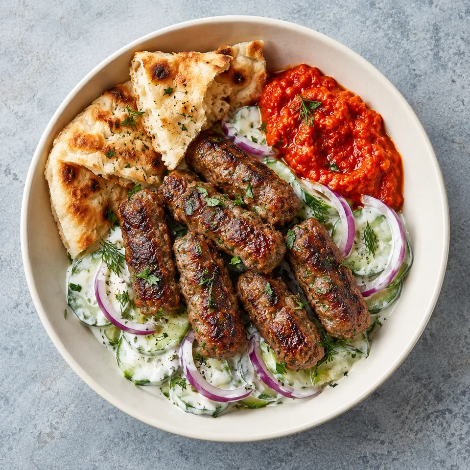 Ćevapi grillés dorés servis dans un bol avec salade de concombre crémeuse, oignon rouge et ajvar rouge.
