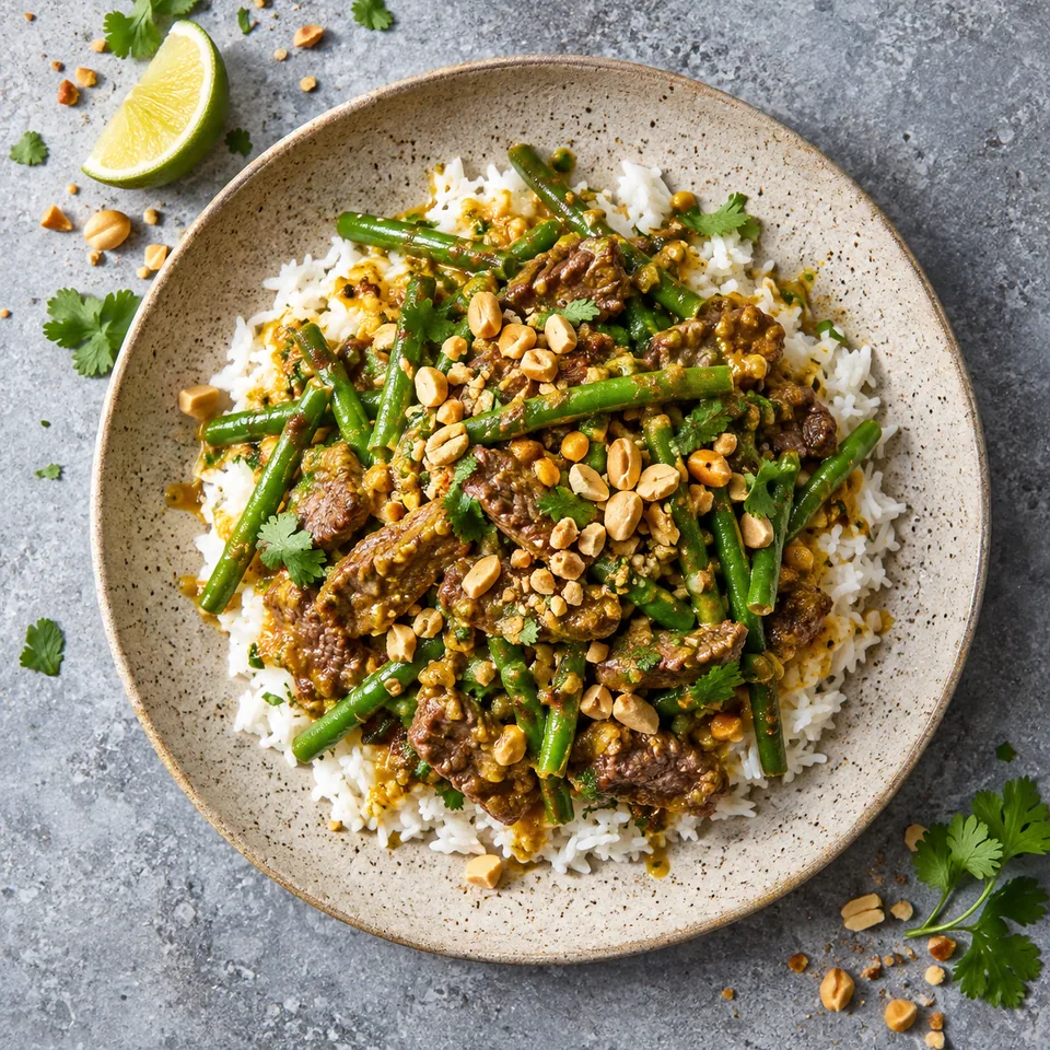 Cha kroeung, bœuf sauté khmer : riz, bœuf et haricots verts sur assiette beige, parsemé de cacahuètes.