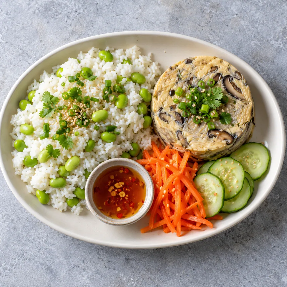 Chả trứng : portion de riz aux edamame, flan d'œufs aux champignons, pickles de carottes et concombre sur plat blanc.