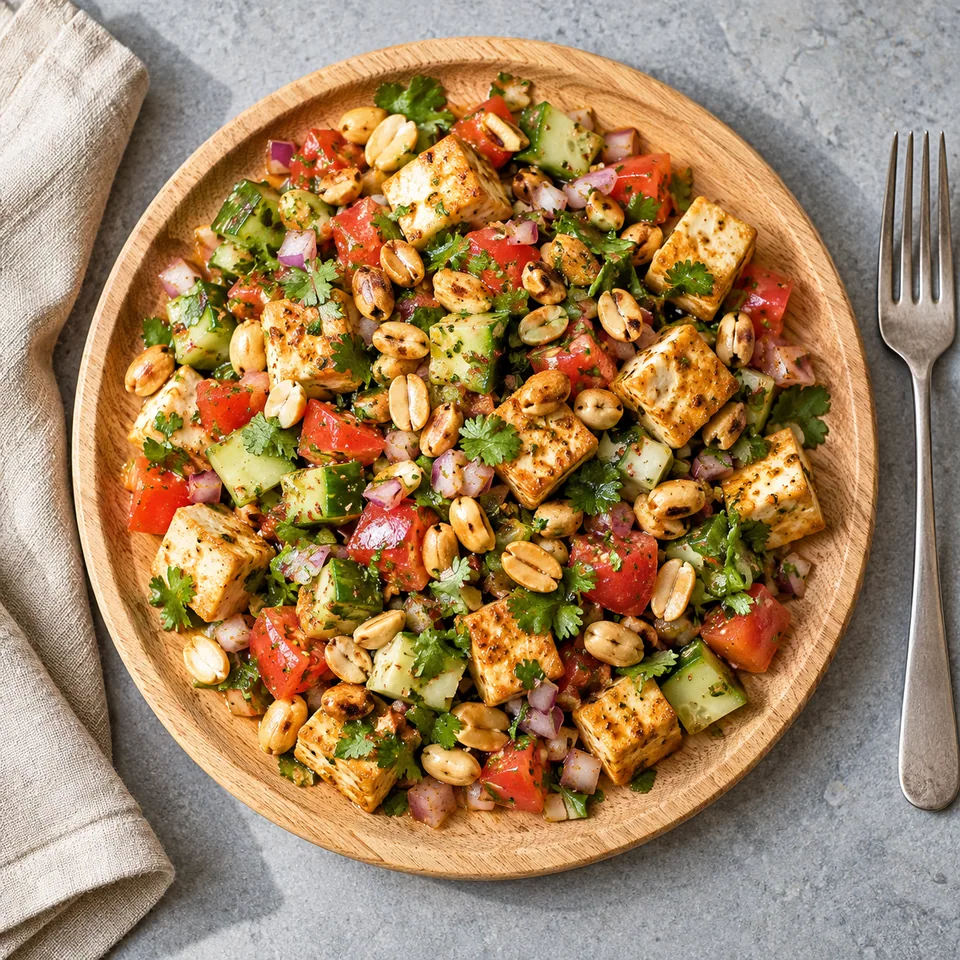 Chaat de cacahuètes, tomate, oignon et citron servi sur une planche en bois, avec des dés colorés et des cacahuètes grillées.