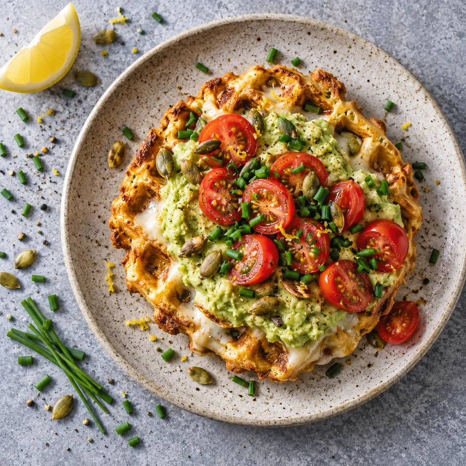 Chaffle doré garni d'avocat citronné, tomates cerises rouges et graines de courge sur assiette beige.
