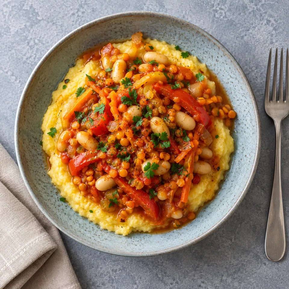 Assiette de pap crémeux avec chakalaka aux haricots, lentilles, carottes et poivrons.