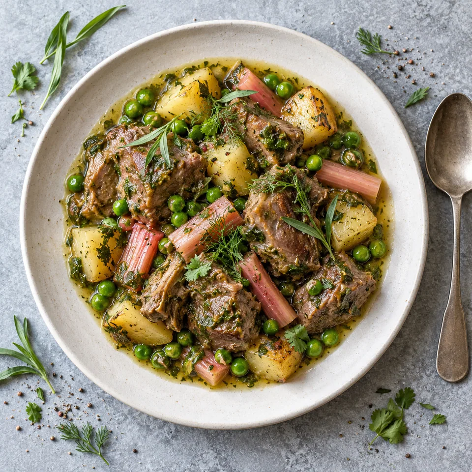Chakapuli d’agneau à l’estragon : agneau mijoté, pommes de terre, petits pois et rhubarbe sur assiette blanche.