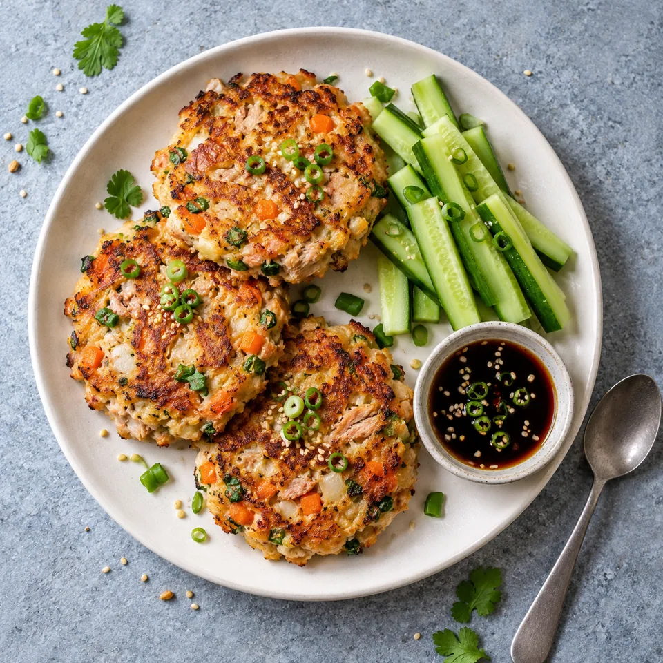 Chamchi-jeon : trois galettes de thon dorées aux légumes hachés, servies avec bâtonnets de concombre et sauce soja sur assiette blanche.