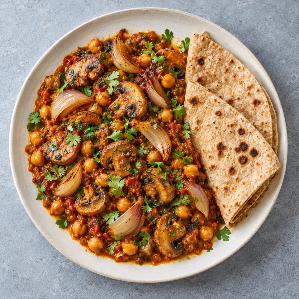 Assiette de champignons dopiaza aux pois chiches et chapatis, garnis de coriandre et d'oignon croustillant.