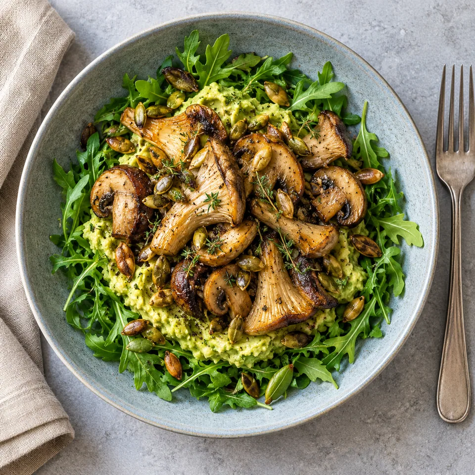 Champignons rôtis au thym, avocat et graines de courge sur lit de roquette dans une assiette bleue