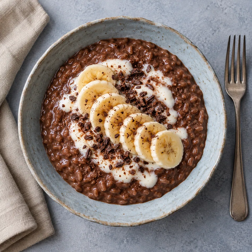 Champorado au cacao dans un bol bleu-gris, nappé de fromage blanc et garni de rondelles de banane.