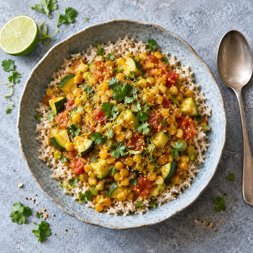 Chana dal à la courgette et riz complet : bol en grès avec riz brun, dal jaune doré, dés de courgette et coriandre fraîche.