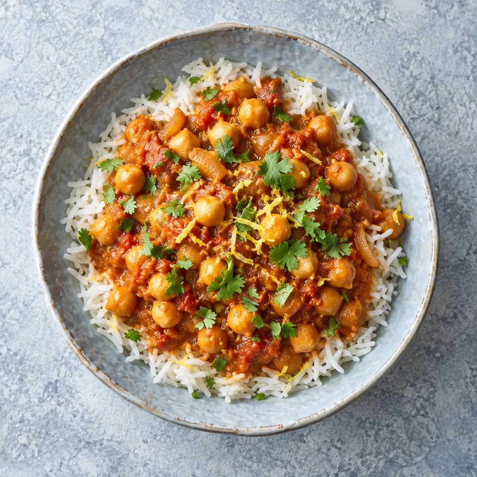 Chana masala aux épices torréfiées, riz basmati : pois chiches dans une sauce tomate rouge, riz blanc et coriandre verte dans un bol bleu-gris.