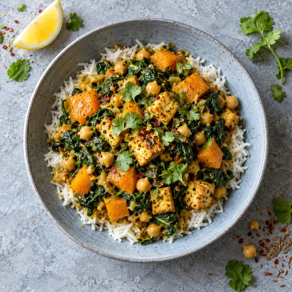 Assiette creuse de chana saag : riz, pois chiches, tofu, courge et épinards, garnis de coriandre.