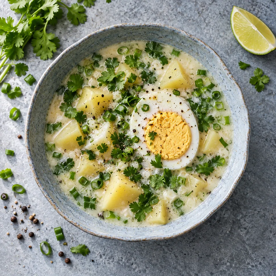 Changua, soupe colombienne aux œufs dans un bol en grès, avec dés de pommes de terre, œuf cuit et herbes fraîches.
