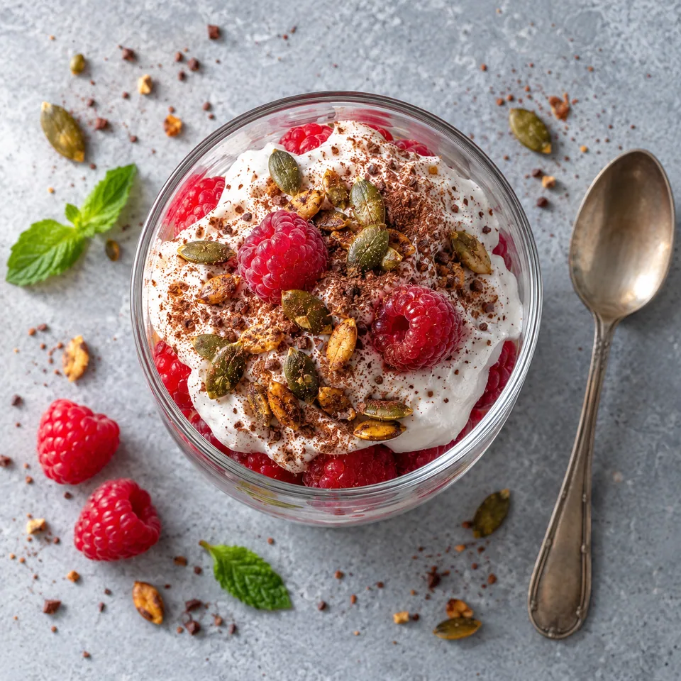 Chantilly de coco, framboises et cacao : verrine avec crème cacao, framboises et graines de courge grillées.