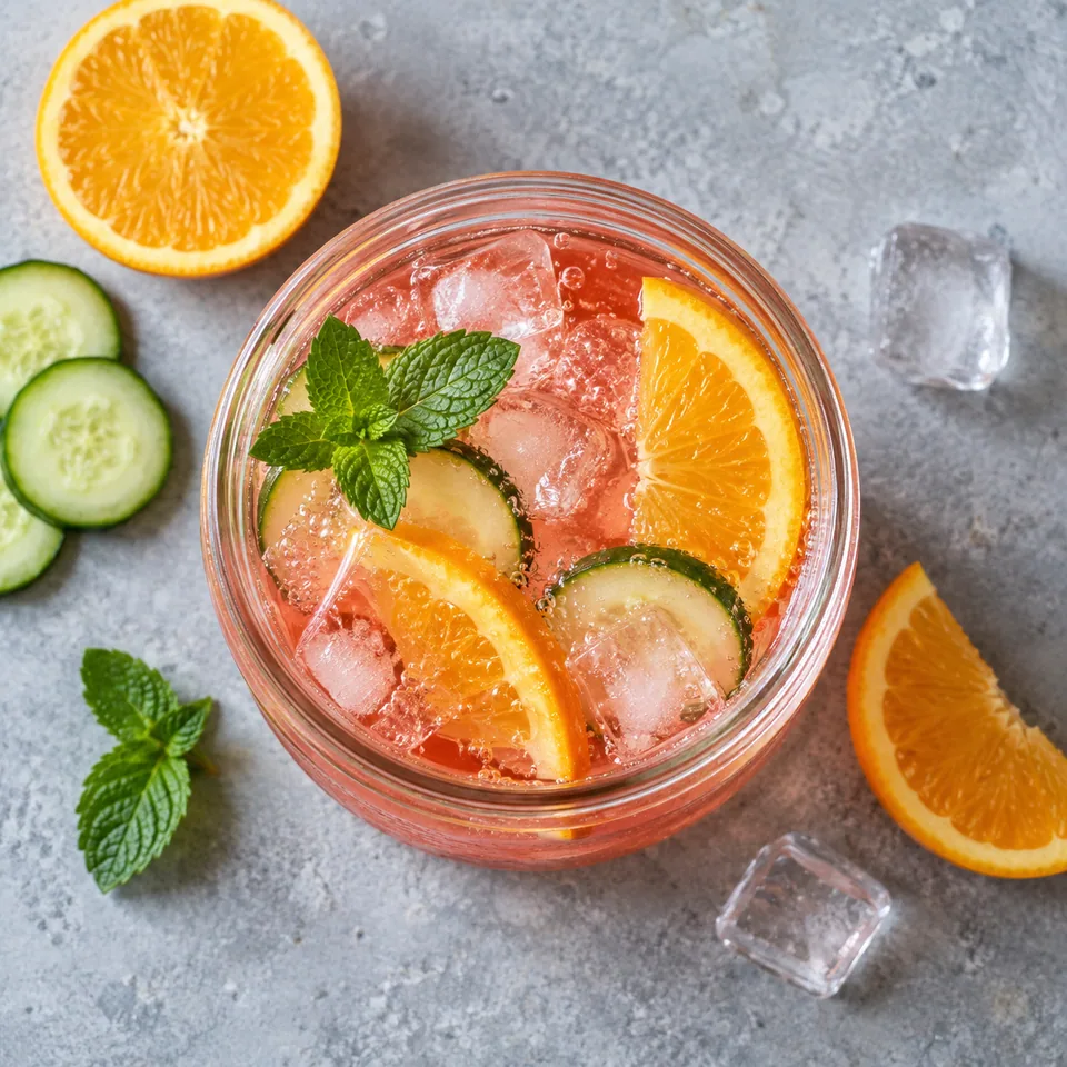Chapman à la vodka, orange et concombre dans un bocal en verre avec glaçons et rondelles de fruits.