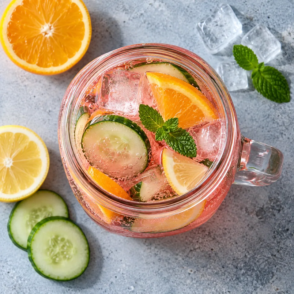 Chapman nigérian au concombre dans un bocal en verre avec glaçons, rondelles de concombre, orange et citron.