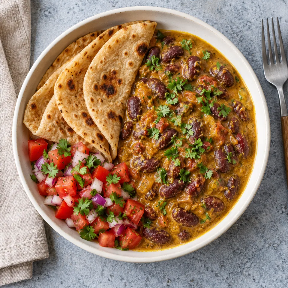 Bol de haricots au curry avec chapatis et salade tomate-oignon coriandre