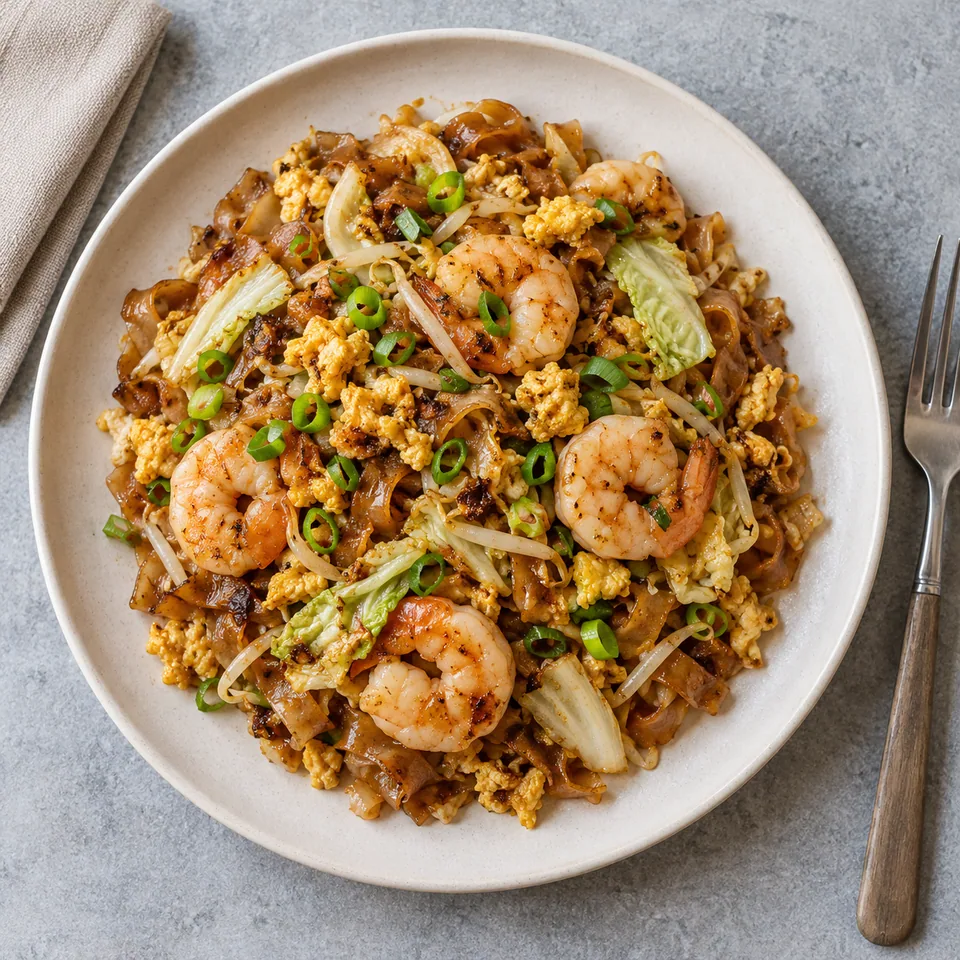 Char kway teow aux crevettes : nouilles sautées, crevettes roses, œuf brouillé et ciboule sur assiette blanche.