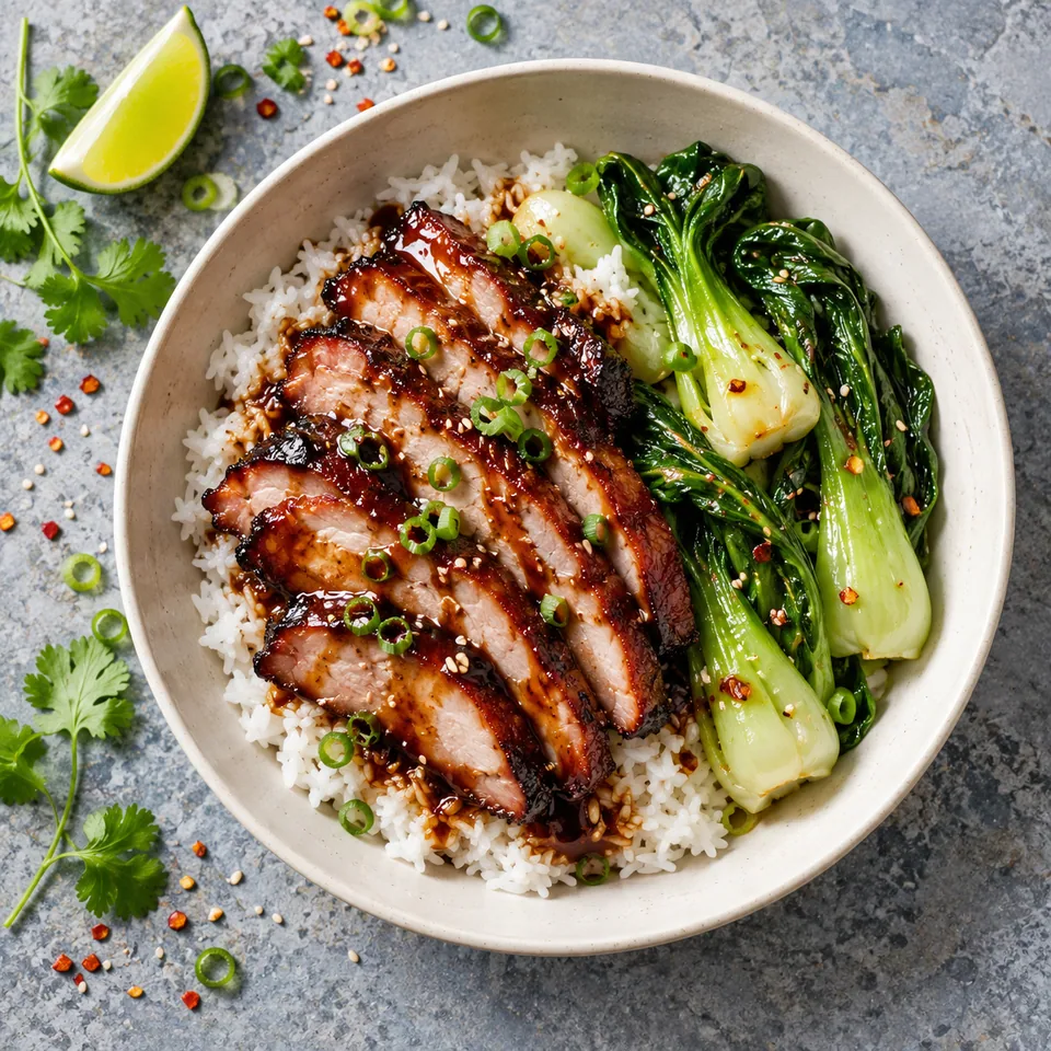 Bol blanc cassé contenant riz jasmin, tranches de porc char siu nappé de sauce brillante et pak choï vert.