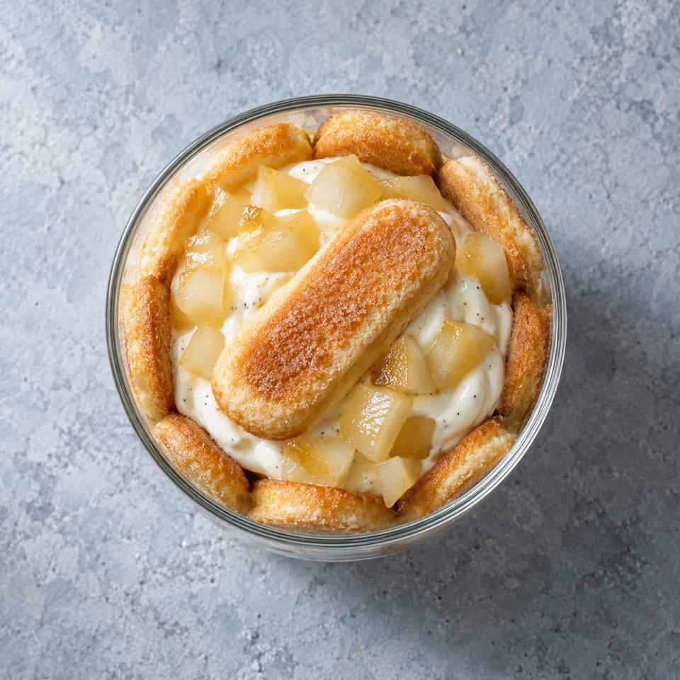Charlotte aux poires et fromage blanc vanillé en verrine, biscuits croustillants et dés de poires tendres.