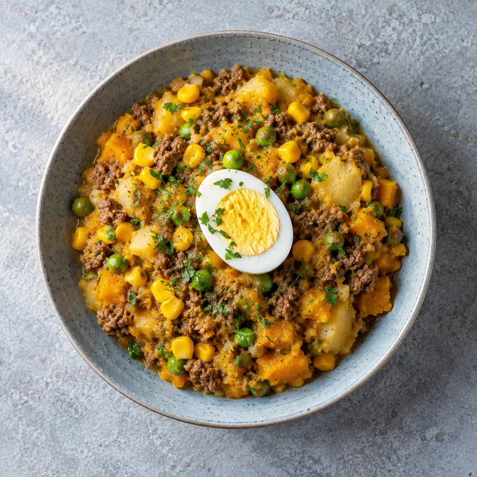 Portion de charquicán au bœuf, courge et maïs dans une assiette creuse, garnie d'un demi-œuf dur.