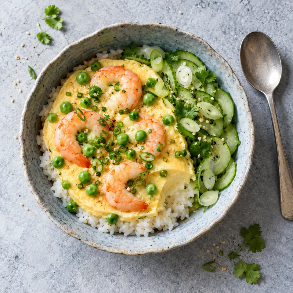 Chawanmushi aux petits pois, crevettes et riz : flan d'œufs doré, crevettes roses et pois verts servis sur riz blanc avec concombre vinaigré.