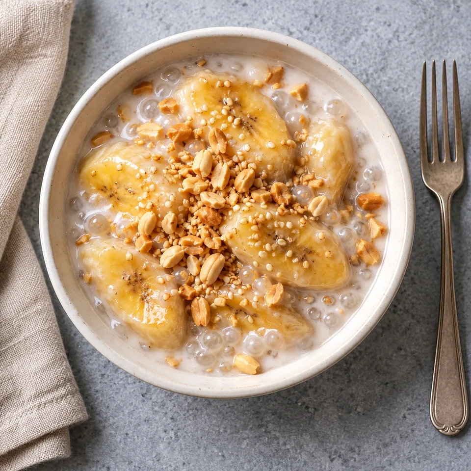 Chè chuối : bananes au lait de coco dans un ramequin blanc, garnies de cacahuètes et sésame grillés.