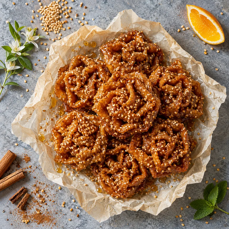 Chebakia au four, fleurs de sésame au miel : une portion dorée, nappée de miel brillant et parsemée de sésame grillé, posée sur papier cuisson froissé.