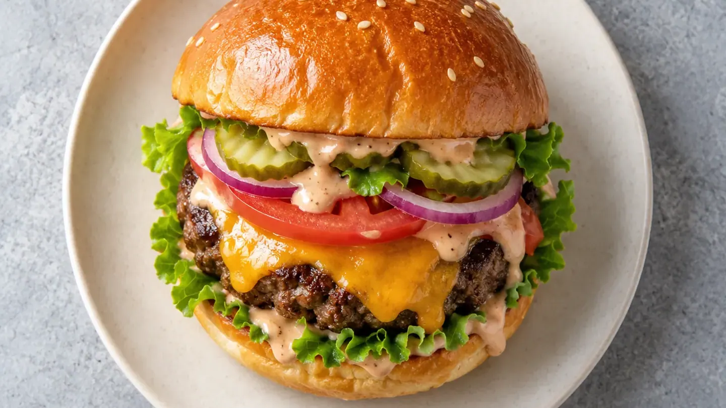 Cheeseburger maison, sauce et pickles