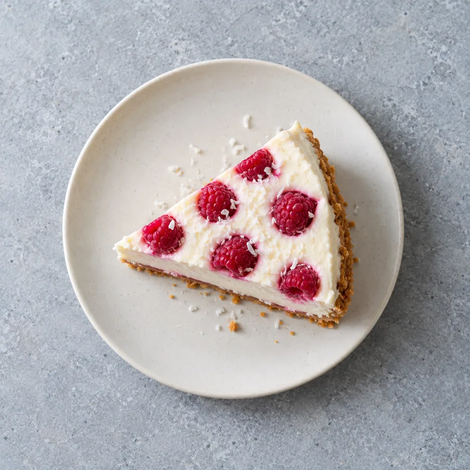 Part de cheesecake coco-framboise avec base de spéculoos et framboises rouges sur crème blanche.